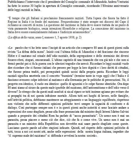 Discorso presidente consiglio comunale di Mirandola